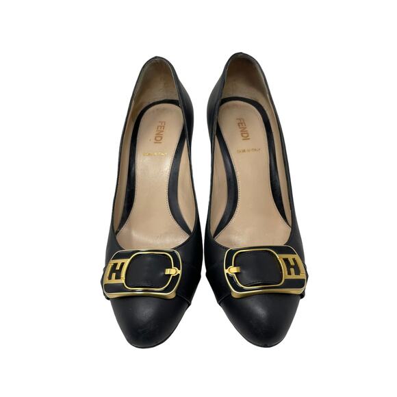 Fendi Womens Size 36.5 FF Buckle Pumps Heel Black Gold Leather Round Toe Slip On - Picture 2 of 12